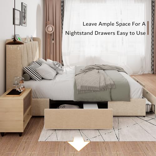 iPormis Queen Bed Frame with 4 Storage Drawers, Upholstered Platform Bed Frame with Charging Station, Modern Wingback Storage Headboard
