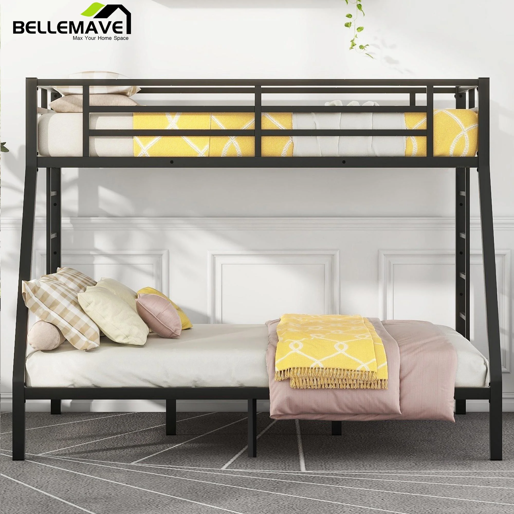 Bellemave Metal Bunk Beds Twin XL over Queen Bunk Bed for Adults, Teens, Kids Heavy Duty Bunk Bed Frame with 2 Ladder and Full-Length Guardrails