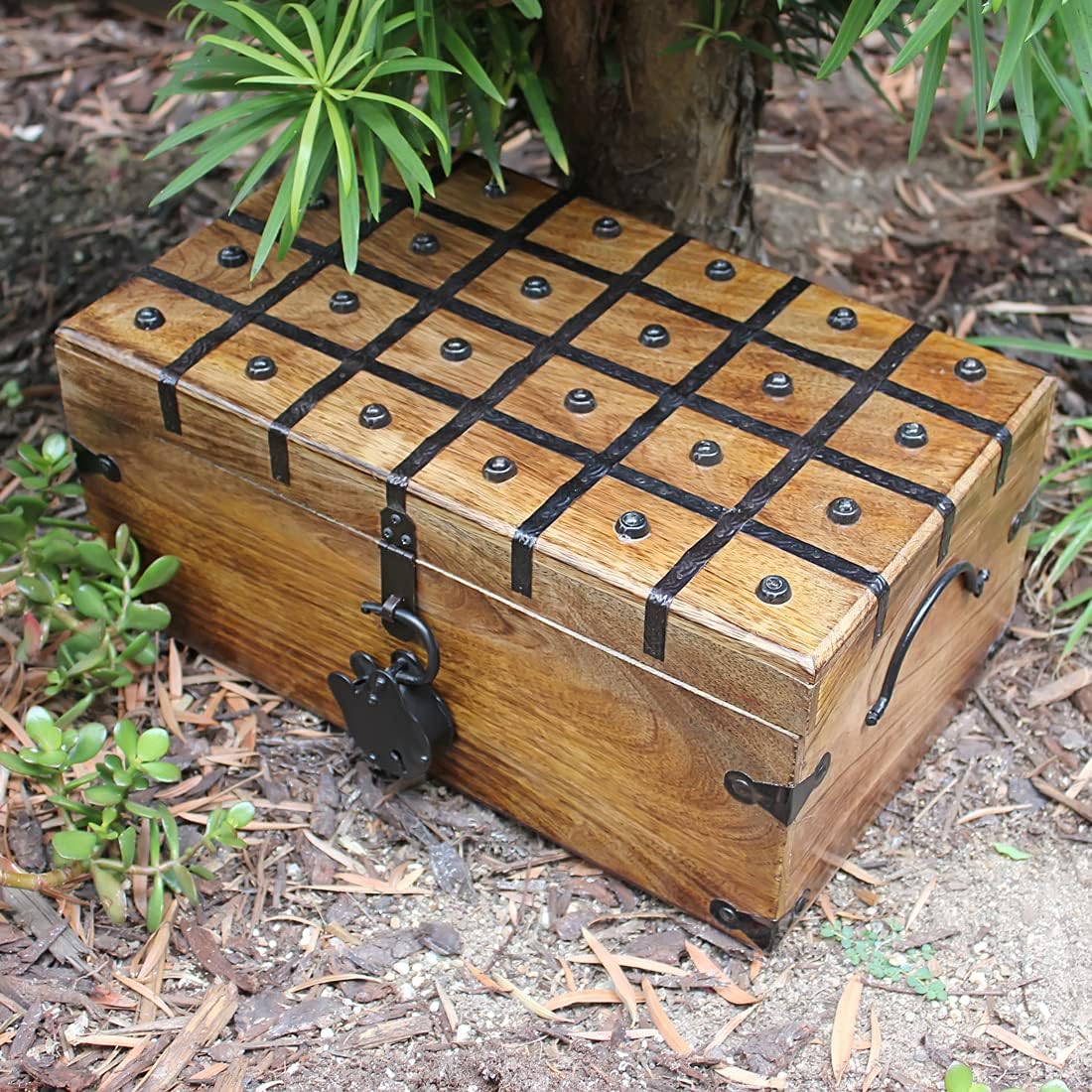 Nautical Cove Treasure Chest Wooden Box with Antique Iron Lock and Skeleton Key - Storage and Decor (Medium 12.25 x 6 x 5.5)