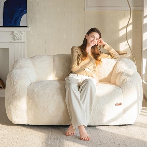 MAXYOYO Bean Bag Chair for Adults, Floral Shaped Bean Bag Sofa, Ultra Soft Faux Fur Floor Sofa, Large Reading Chair for Living Room Bedroom, Beige