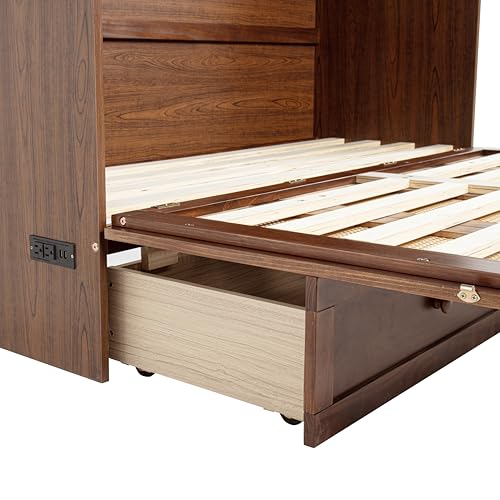 Queen Size Farmhouse Murphy Bed Cabinet with Charging Station, Foldable Platform Bed Frame with 2 Storage Drawers