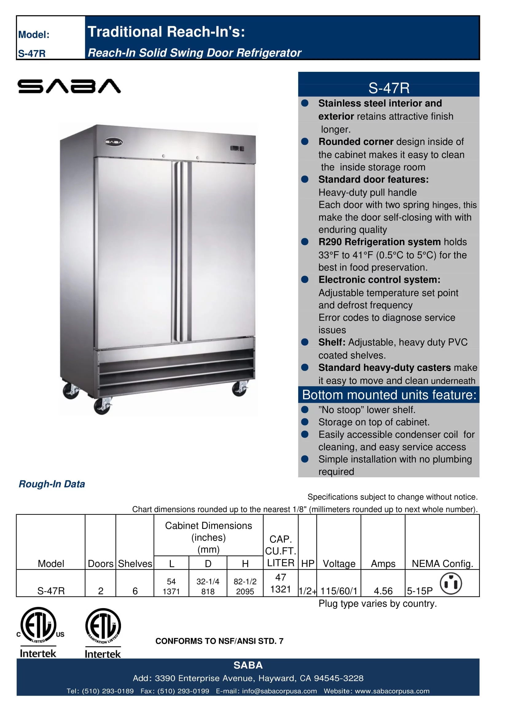 Heavy Duty Commercial 47 cu ft Solid Stainless Steel Reach-In Refrigerator (2 Door)