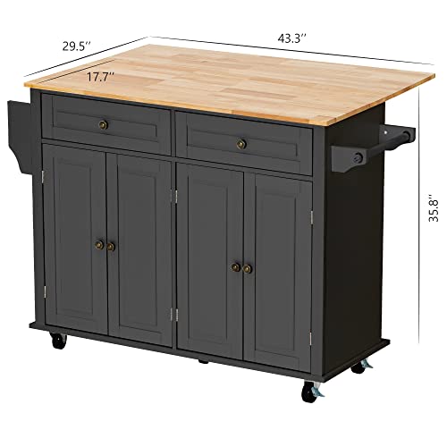 Kitchen Cart with Wood Top and Drop Leaf Breakfast Bar, Rolling Mobile Kitchen Island Table on Wheels with Drawer and Storage Cabinet, Spice Rack