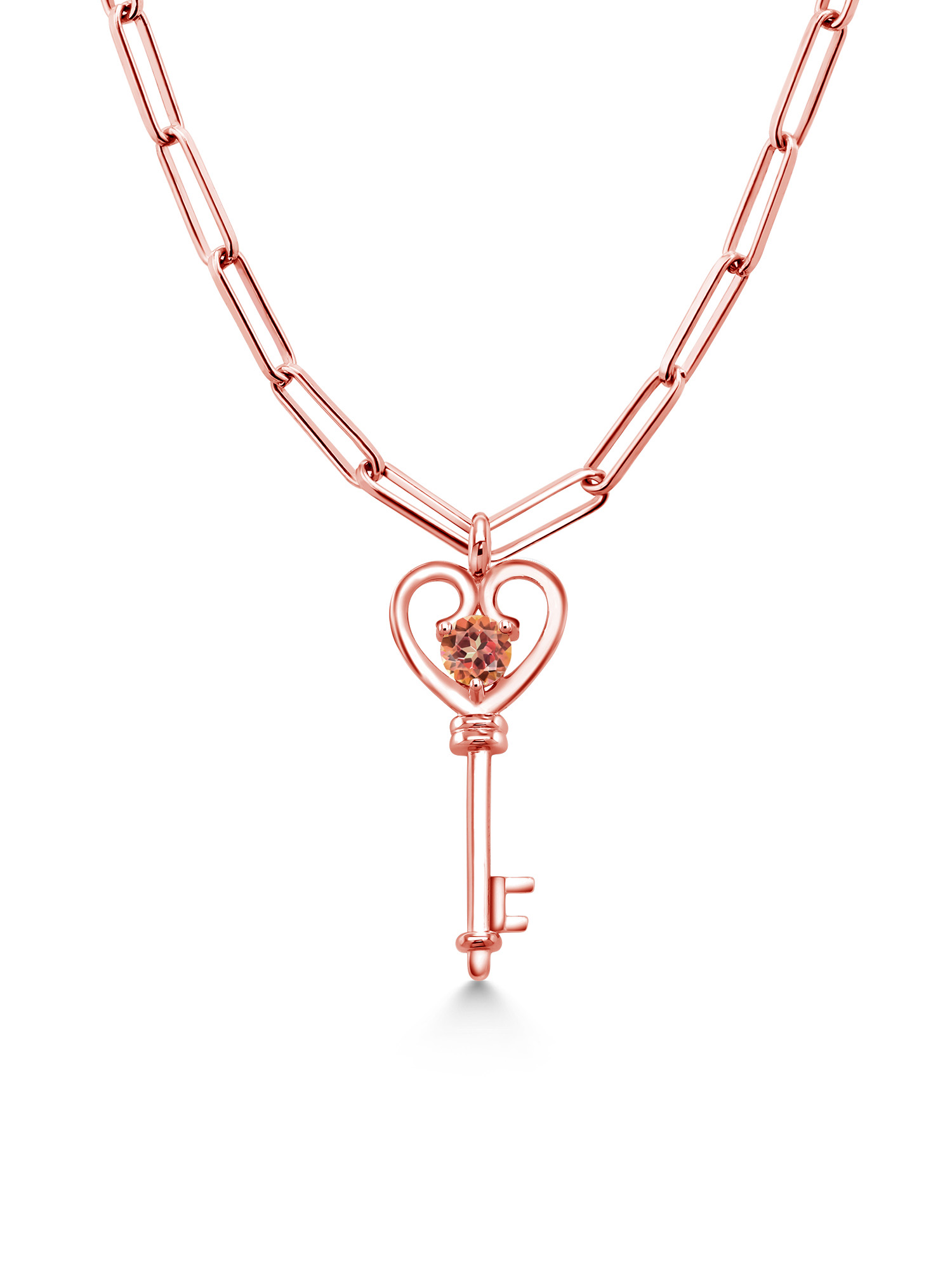 Gem Stone King 1.00 Ct Round Ecstasy Mystic Topaz 18K Rose Gold Plated Silver Heart Key Pendant with 3.25mm Paperclip Link Chain 18 inch with 2 inch
