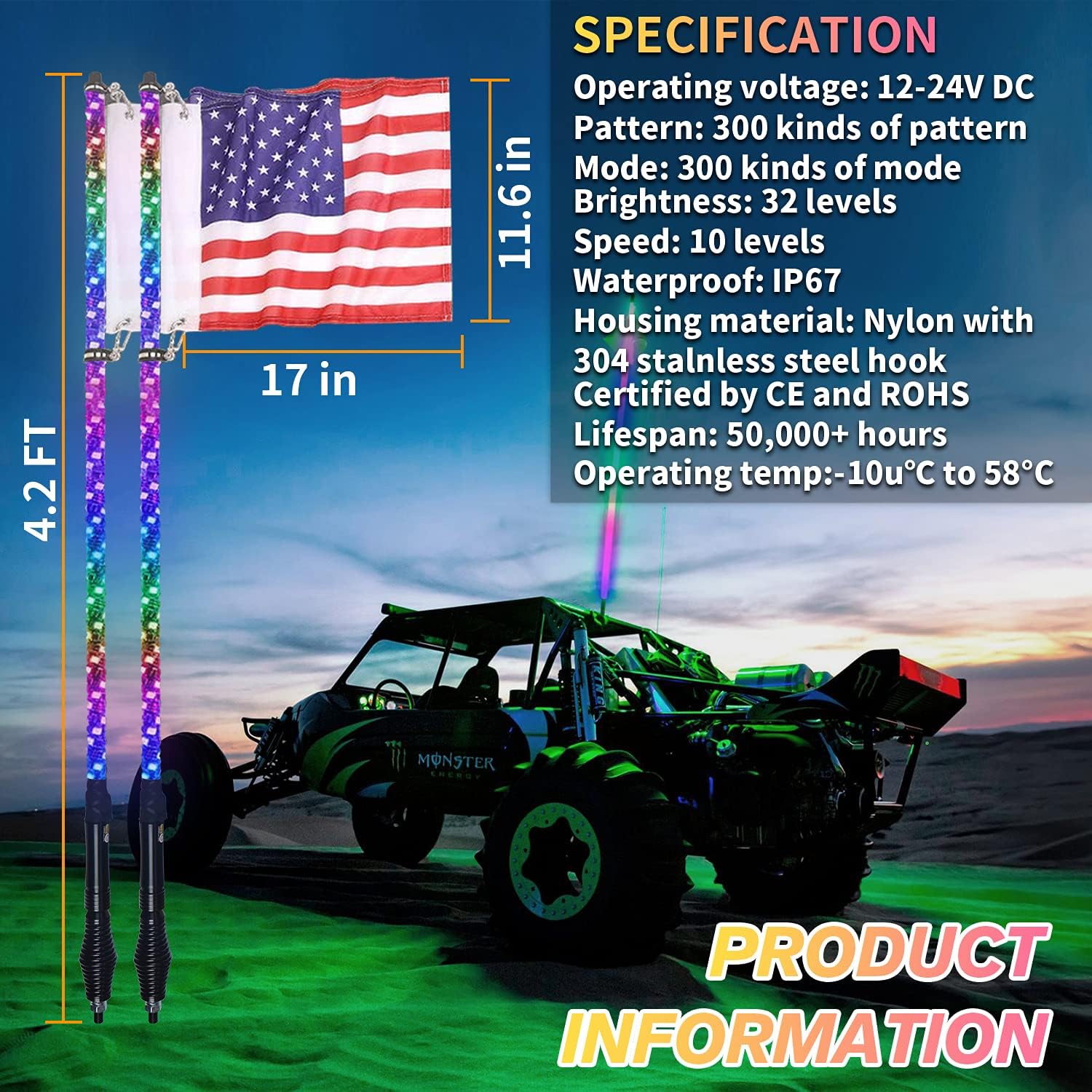 OHMU 2Pcs 3FT Spiral LED Whip Lights for UTV ATV [21 Modes] [20 Colors] [RF Wireless Remote] [Weatherproof] [USA Flag] LED Lighted Whips Antenna for
