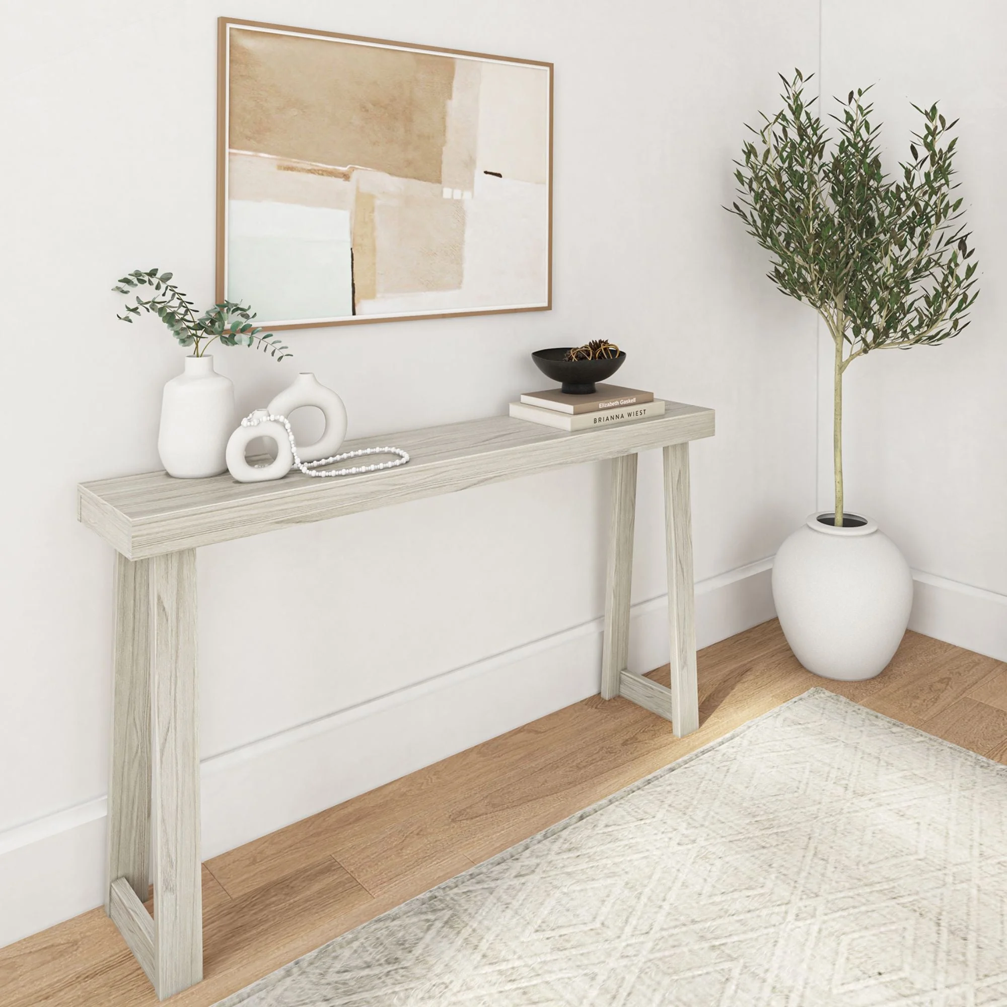 Plank+Beam 56" Classic Console Table, Wooden Sofa Table, Narrow Entryway Table, Console Tables for Entryway, White Sand Wirebrush