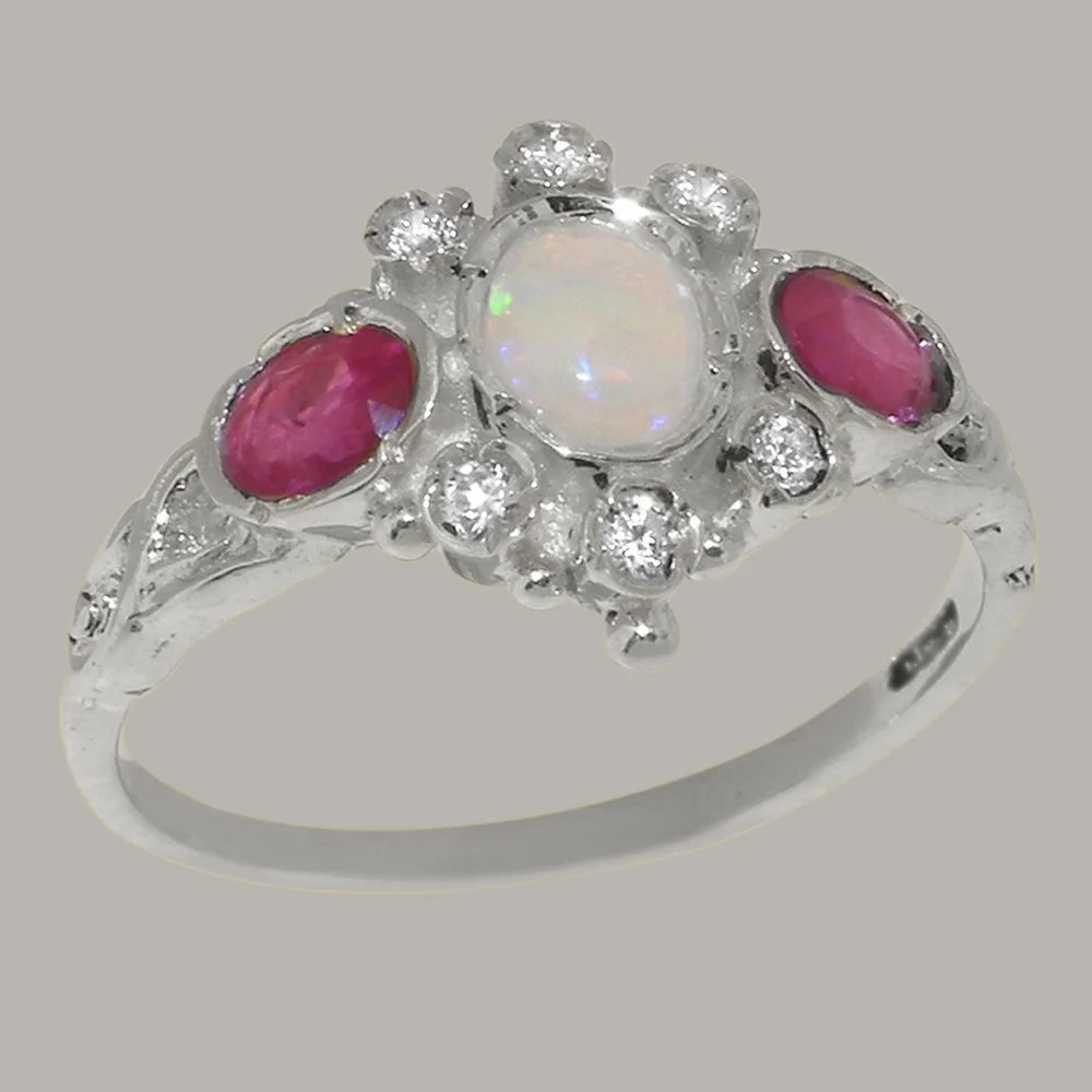 LBG English Made 9k White Gold Natural Opal Ruby Diamond Womens Anniversary Ring - Size 4.75