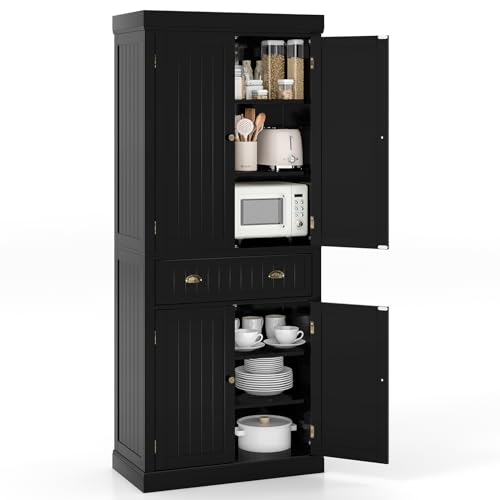 Tangkula 72" H Kitchen Pantry Cupboard Cabinet, Traditional Freestanding Large Tall Storage Cabinet with 2 Cabinets and Drawer, Adjustable Shelves