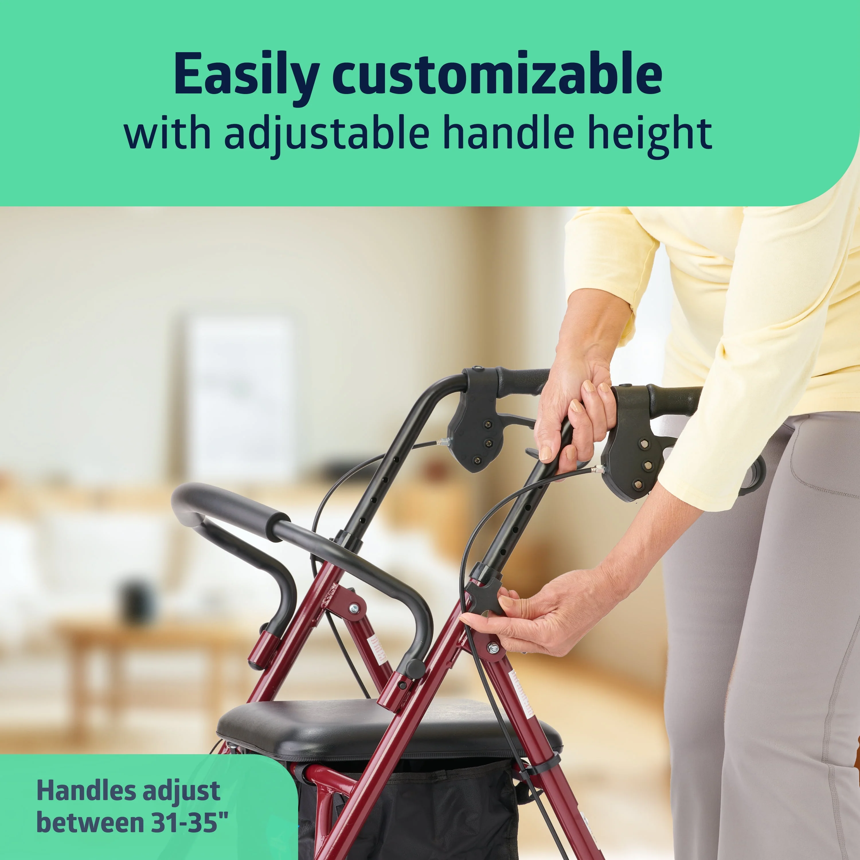 Medline Steel Rollator Walker, Folding Rolling Walker, 6 Wheels, 350lb Weight Capacity, Burgundy Red Frame
