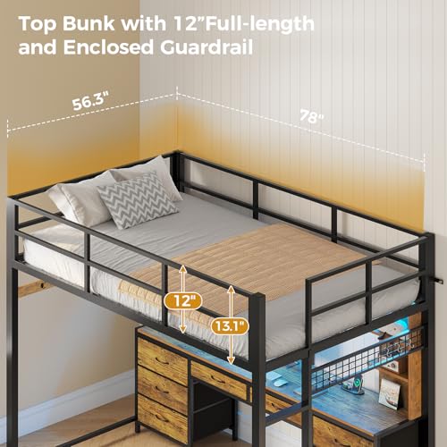 ADORNEVE Full Size Loft Bed with Desk and 8 Storage Drawers, Metal Loft Beds Full with LED Lights & Charging Sation