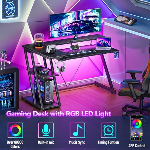 55 Inch Gaming Desk with Power Outlet & LED Lights, L Shaped Gamer Computer Table with Storage Shelves for Bedroom, Corner Home Office Desk