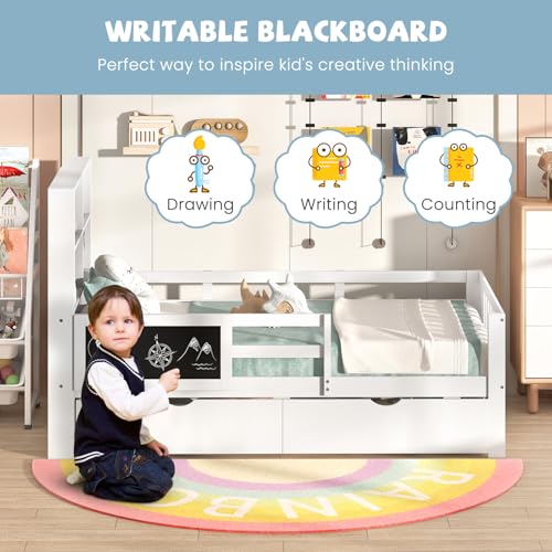 Giantex Full Bed with 2 Storage Drawers, Solid Wood Kids Bed Frame w/Bookcase Headboard & Blackboard, Full-Length Guardrails & Wooden Slats Support