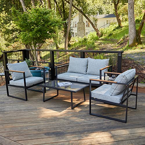 EAST OAK Courtyard Patio Furniture Set, 4-Piece Outdoor Patio Set with Sofa, Removable & Washable Deep Seating Cushion, Tempered Glass Table