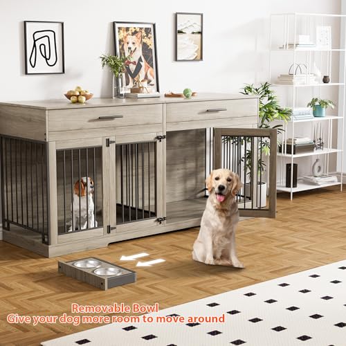 Rophefx 72" Dog Crate Furniture for 2 Dogs, Large Double Dog Kennel Indoor Furniture with 2 Storage Drawers and Removable Divider