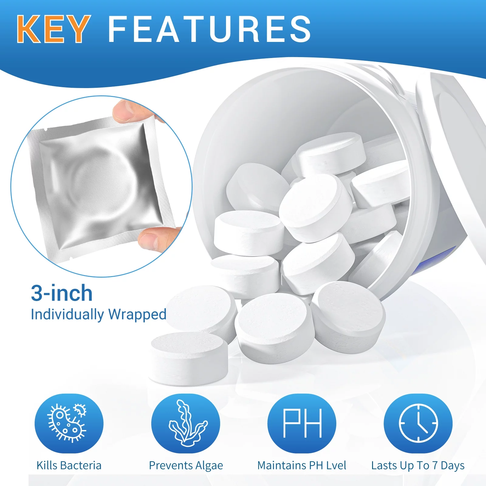 POOLKING Chlorine Tablets 8LB, 3" Inch Individually Wrapped Chlorine Tablets for Pool, Hot Tubs, Spa