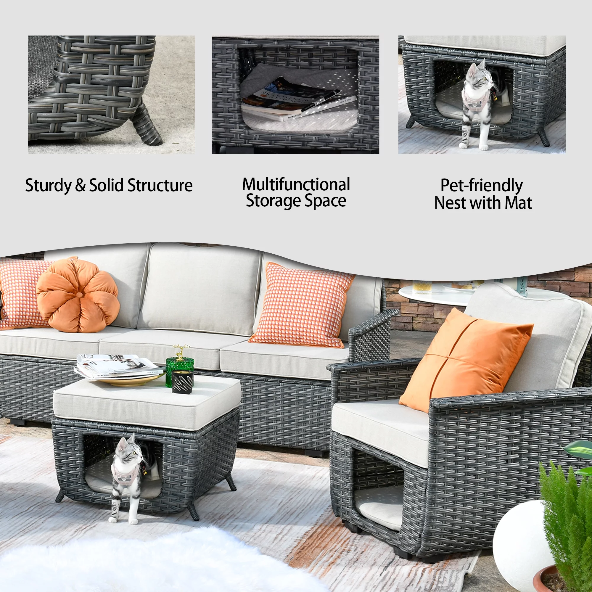Ovios 5 Pieces Outdoor Furniture All Weather Wicker Patio Conversation Sectional Sofa Set with Storage Box for Garden Backyard