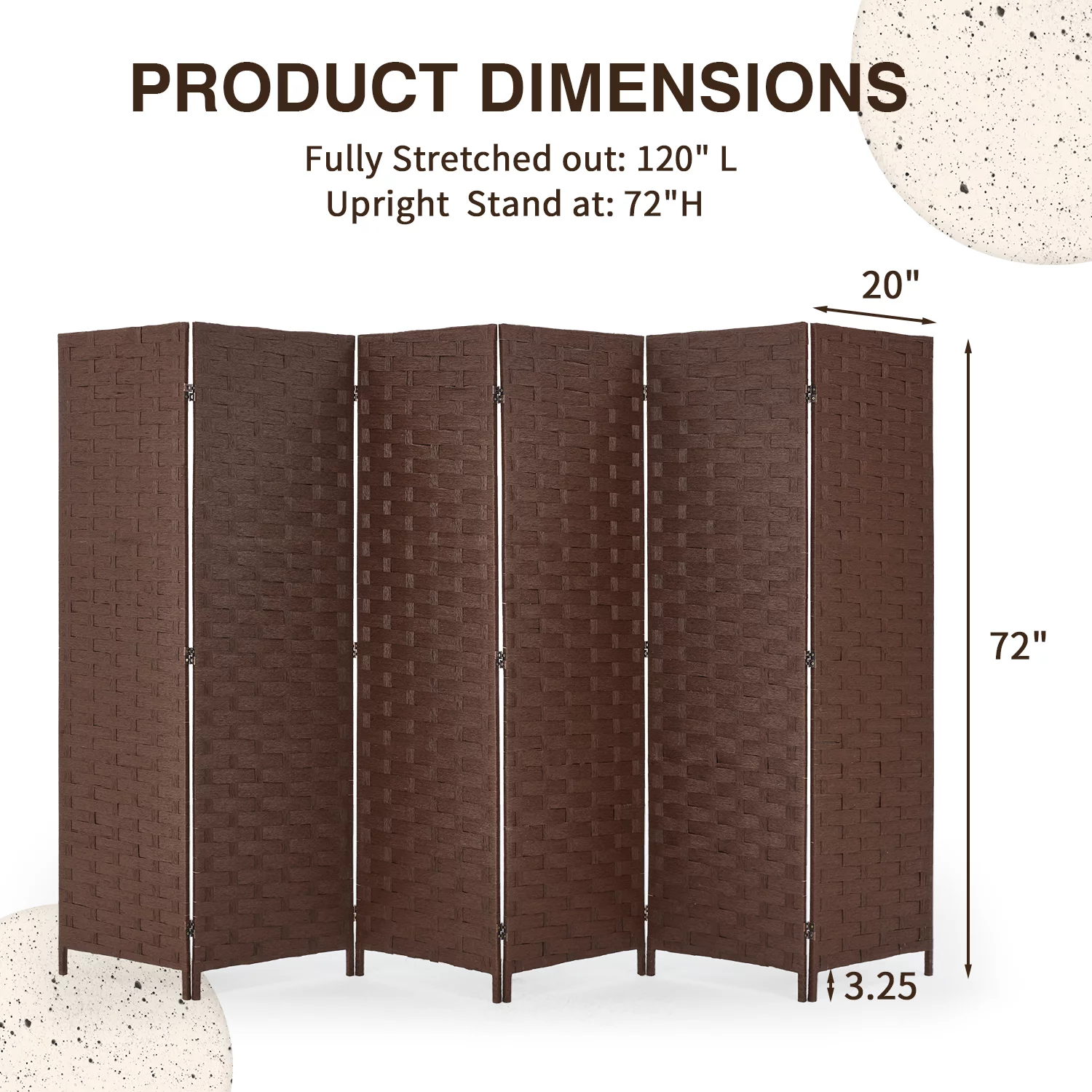 YODOLLA 6 Panels Room Divider, 6 FT Tall Weave Fiber Room Divider, Double Hinged Folding Privacy Screens, Freestanding Room Dividers, Brown
