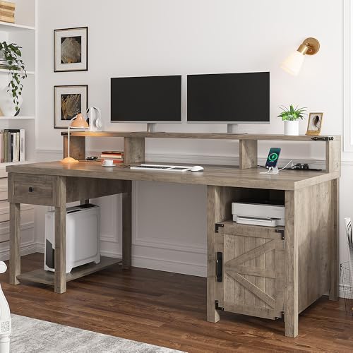 EnHomee Farmhouse Office Desk with Drawer & Power Outlets, Wood Computer Desk Monitor Stand for Bedchamber Study
