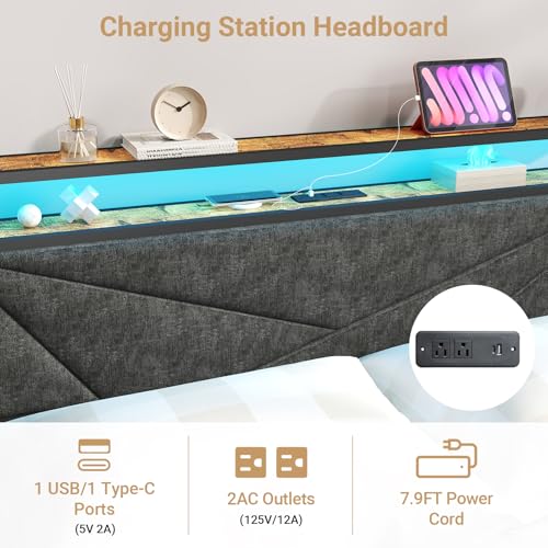 Full Size Bed Frame with Headboard, LED Platform Bed with 4 Storage Drawers, Built in Charging Station, Noise-Free, Metal Support Base