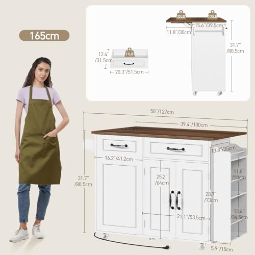 Kitchen Island with Power Outlet & Drop Leaf, Mobile Rolling Cart with Trash Can Storage, 3-Tier Spice Rack,Island Table for Kitchen, Dining Room