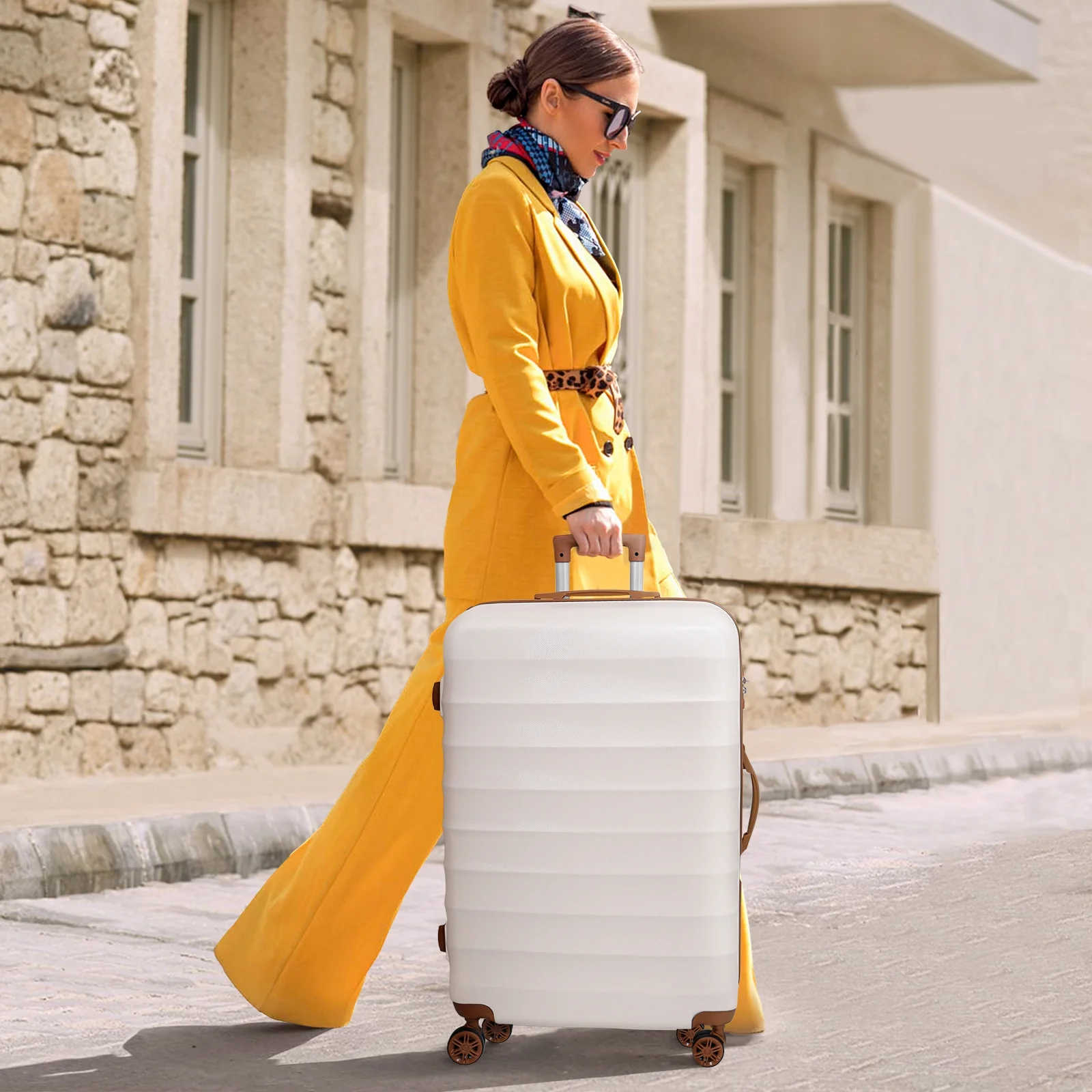 SUGIFT 3 Piece Expandable ABS Hardshell Luggage Sets Spinner Wheel Suitcase TSA Lock Suit Case, White+Brown, 20/24/28 Inch