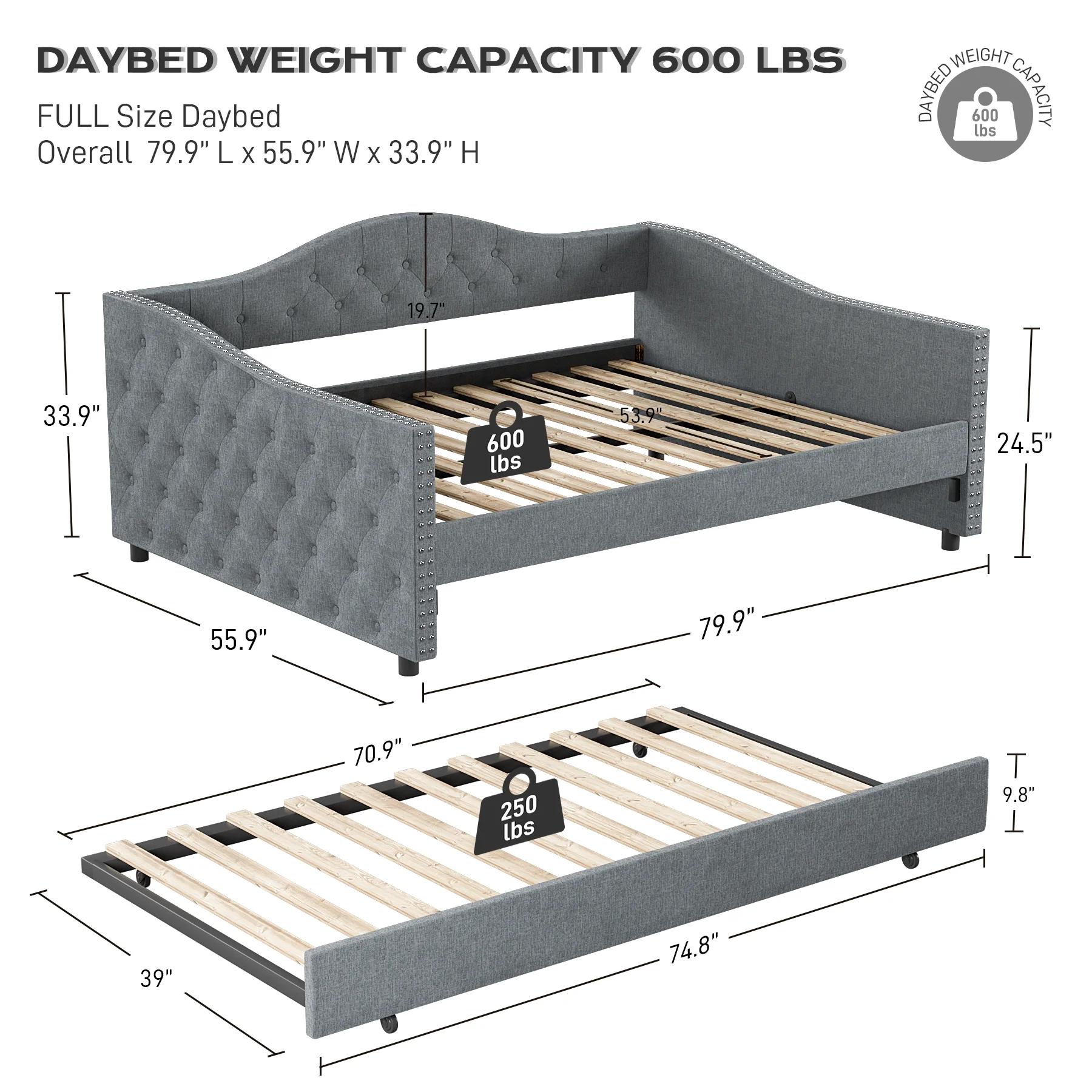 Tufted Upholstered Daybed With Trundle,Full Size Daybed Frame with Wood Slat Support and Button Tufted Backrest,Velvet Sofa Bed Frame for Living Room