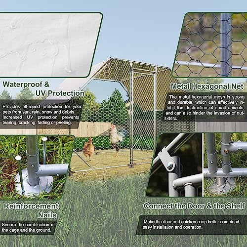 Chicken Coop Large Metal Chicken Run for 6/10 Chickens Poultry Cage with Waterproof Cover for Duck Walk-in Chicken Pen for Yard