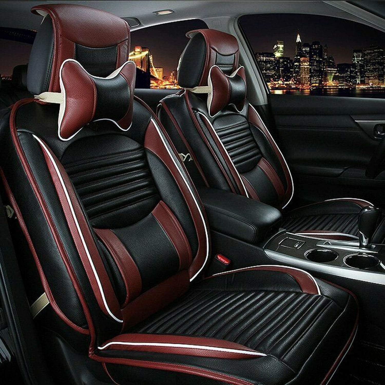 TYFYB Universal 5 Seats Wearproof PU Leather Car Seat Cover Full Set Seat Pad Protector Set Front + Rear Cushions w/Pillows Black/Beige