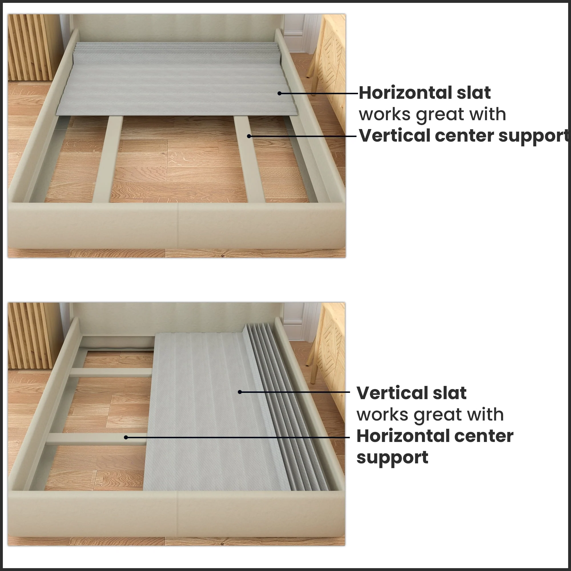 Continental Sleep, 0.75” horizontal Heavy Duty Mattress Support Wood Slats with Cover, Full, Gray