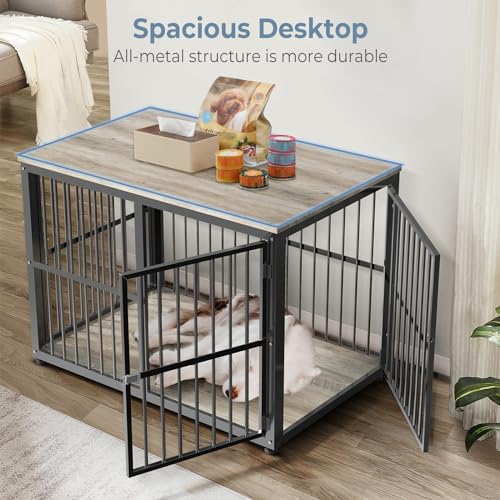 43'' Dog Crate Furniture with 3 Doors, XL Wooden Crate End Table Heavy Duty Indoor Puppy Cage for Medium to Large Dogs, Multiple Units Can be Combined