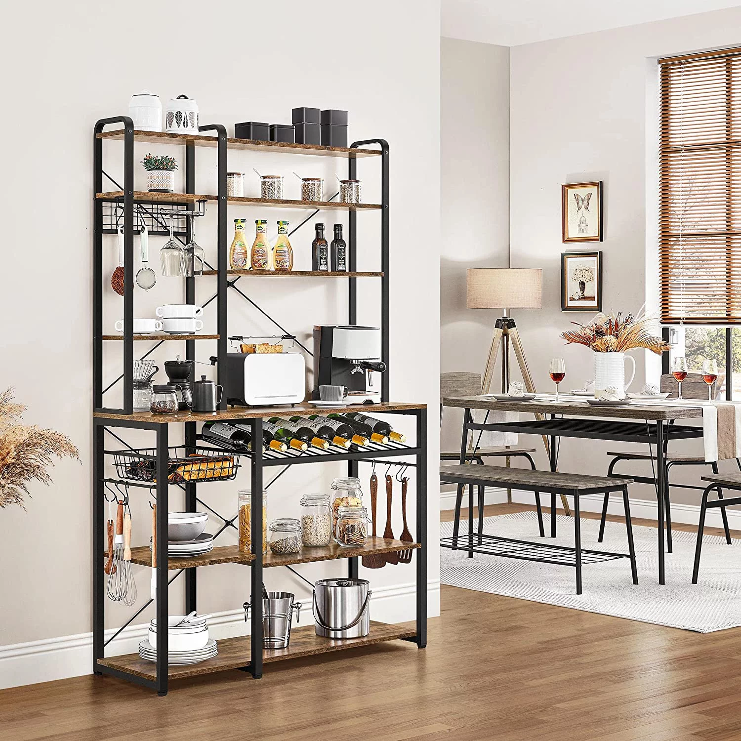 Kitchen Bakers Rack, Wooden Microwave Stand Kitchen Storage Shelf with Wine Rack and Wire Basket and 12 Hooks