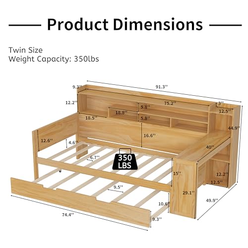 Corner Twin Bed Frame with Bookcase Storage and Desk, Wood Day Beds with 2 Drawers, Twin Size Daybed with Storage for Living Room