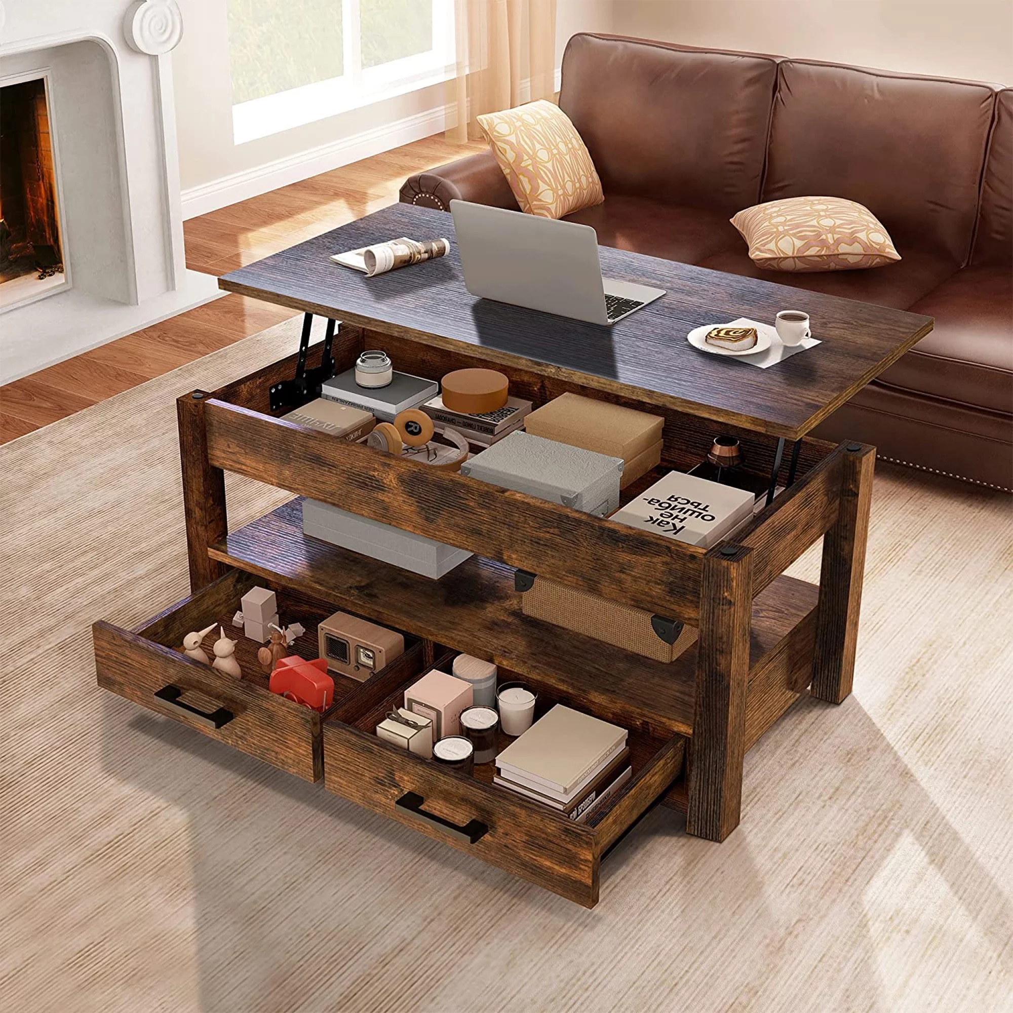 FABATO 23 In Lift Top Rustic Open Storage Coffee Table w/ 2 Drawers, Brown