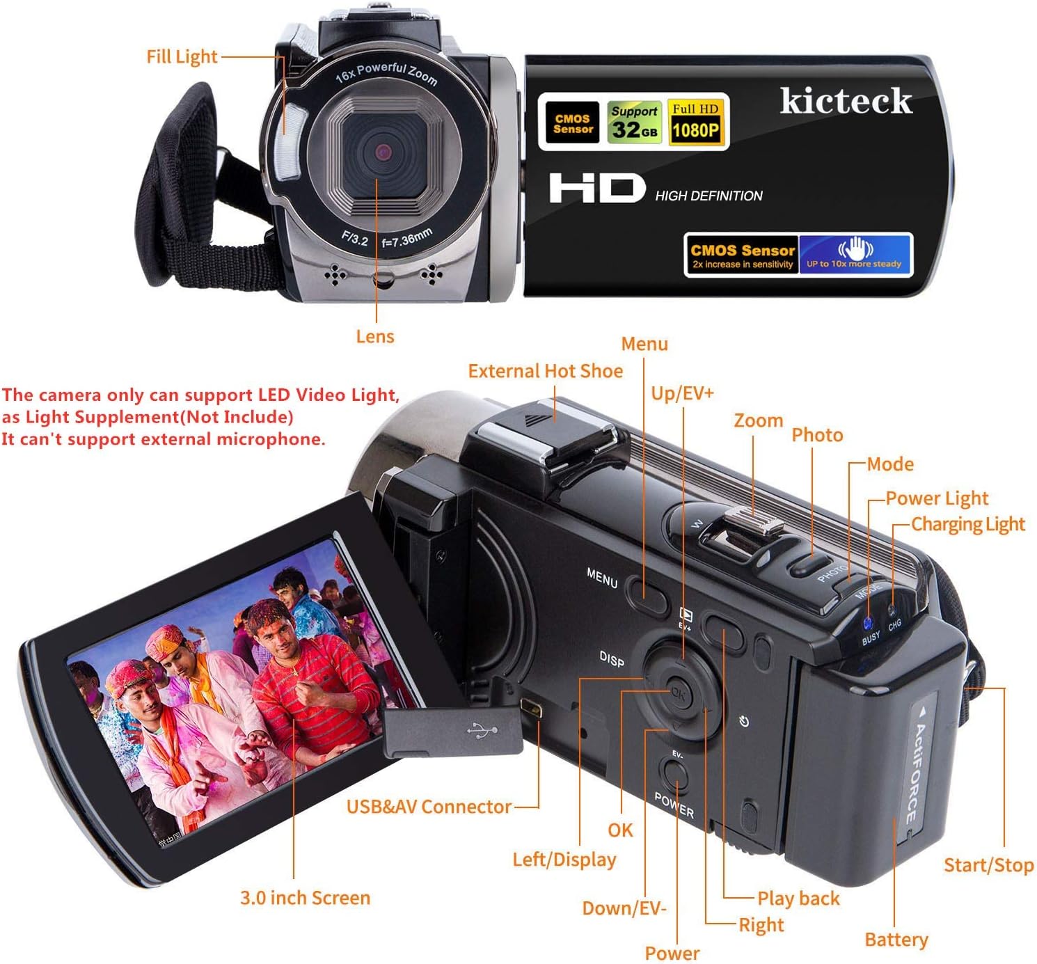 Video Camera Camcorder Digital Camera Recorder kicteck Full HD 1080P 15FPS 24MP 3.0 Inch 270 Degree Rotation LCD 16X Zoom Camcorder with 2