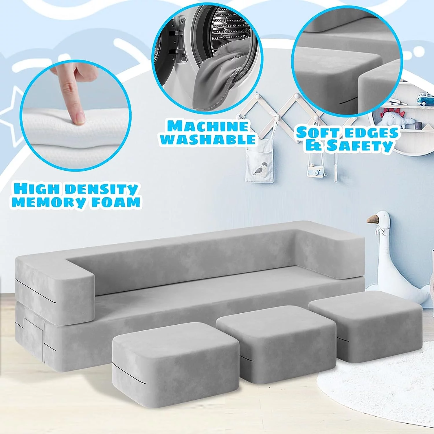 Kids Couch with 3 Ottomans, Wanan Toddler Couch for Playroom Bedroom, 5 in 1 Modular Kids Couch Fold out Sofa Kids Floor Sofa for Toddler and Baby