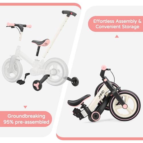 JMMD Toddler Bike with Push Handle for Kids 18-60 Months, 6 in 1 Foldable Push Bike with Training Wheels, Pedals, Brakes, Kickstand