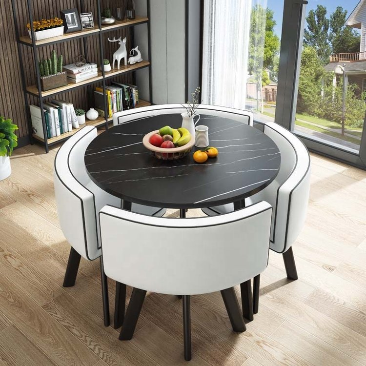 FAVORABLE SPACE SAVING MINI DINING TABLE SET 4 CHAIRS WITH MDF ROUND COFFEE TABLE METAL LEGS BALCONY HOME FURNITUR
