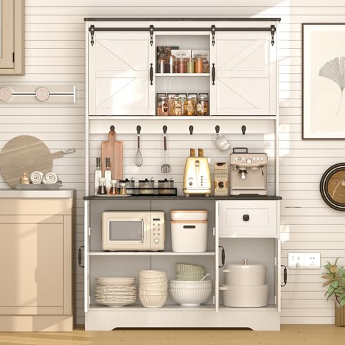 71" Kitchen Pantry Cabinet, Modern Kitchen Hutch Food Pantry with Charging Station and Microwave Stand, Pantry Storage Cabinets with Countertop