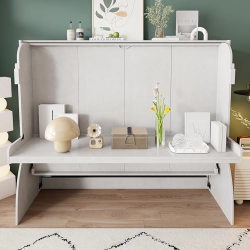 Full Size Murphy Bed with Desk, Horizontal Wall Bed with Storage Shelves, Solid Wood Cabinet Murphy Bed Full Size, Antique White