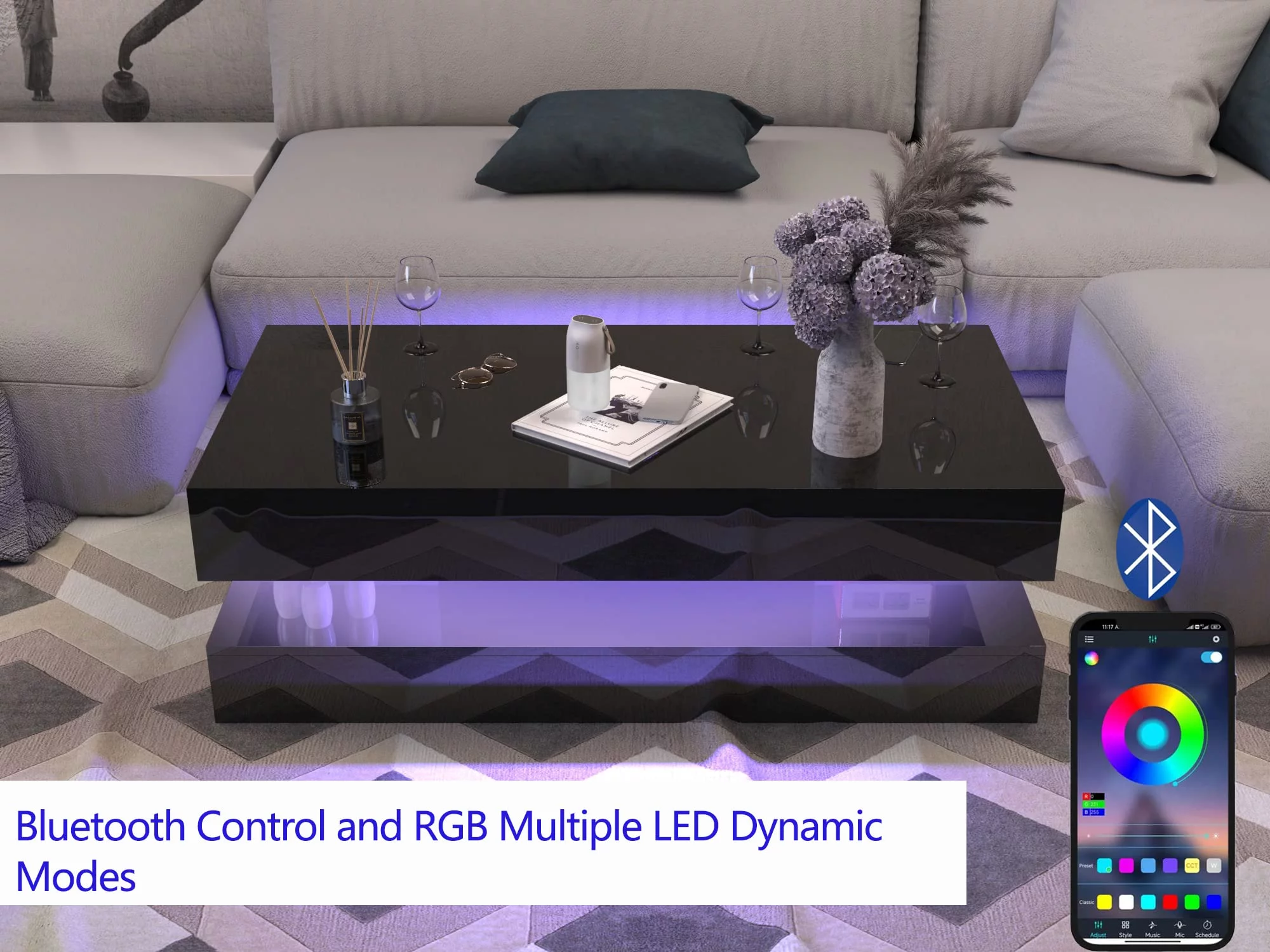 ChVans LED Coffee Table with 2 Storage Drawers, Modern High Gloss Black Coffee Table w/20 Colors LED Lights & APP Control, Large Living Room Furniture
