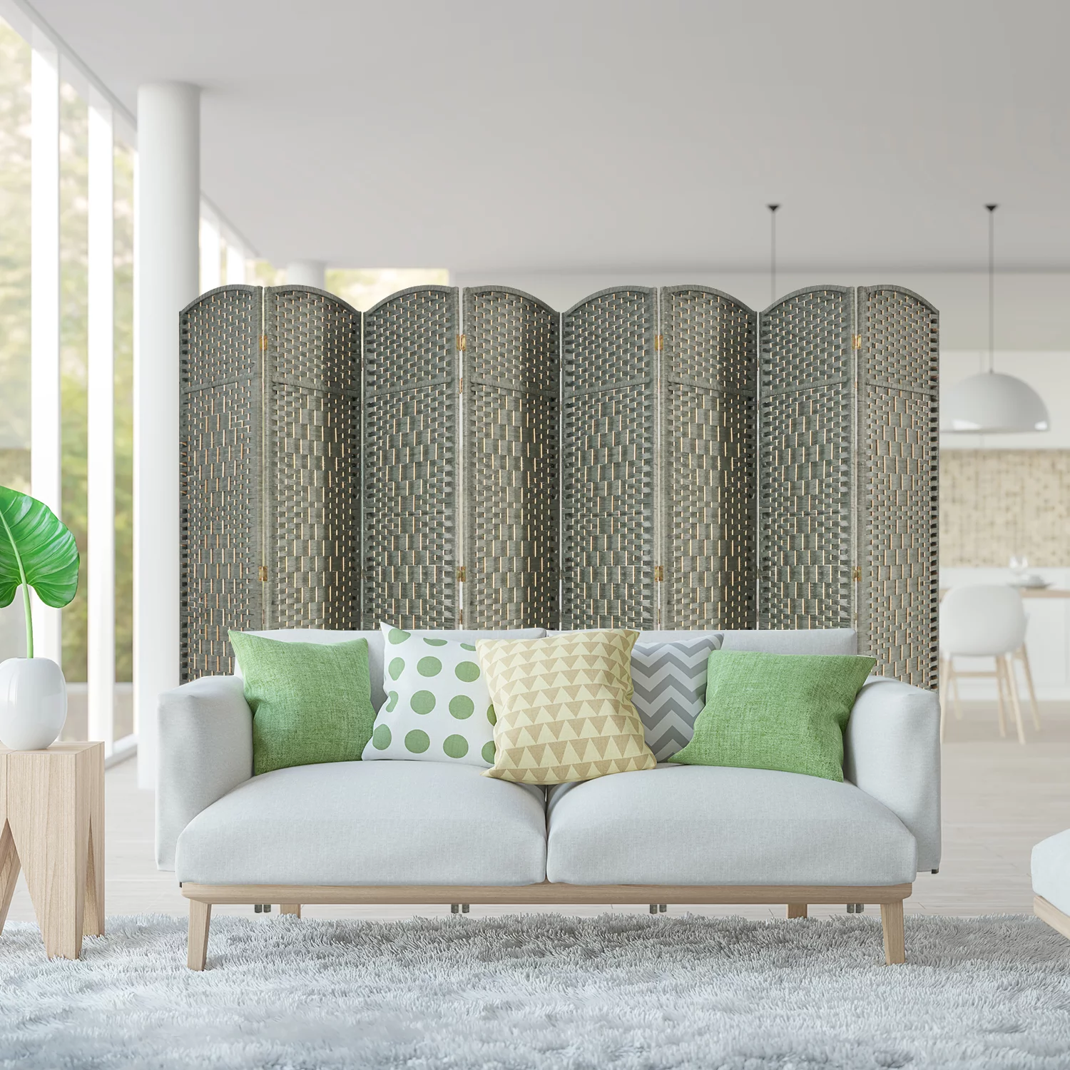 EXCITED WORK 5.7ft Wood Fiber Woven Room Divider 8 Panels, Foldable Mobile Grey Wood Room Divider, Oriental Style Furniture Space Divider