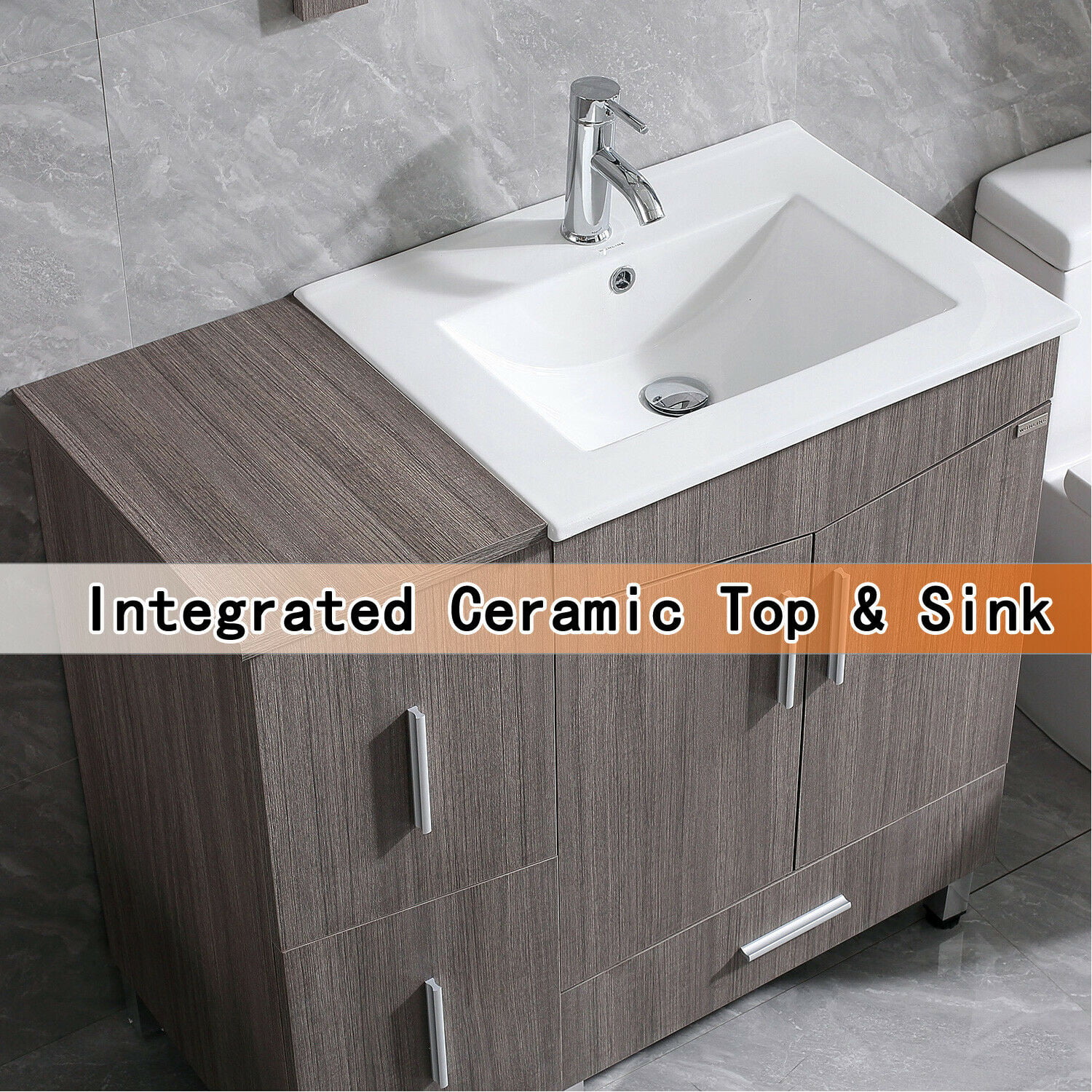 Wonline 36" Bathroom Vanity in Light Brown with Ceramic Base with Sink Faucet Drawers Wood Bath Cabinet Nordic Style