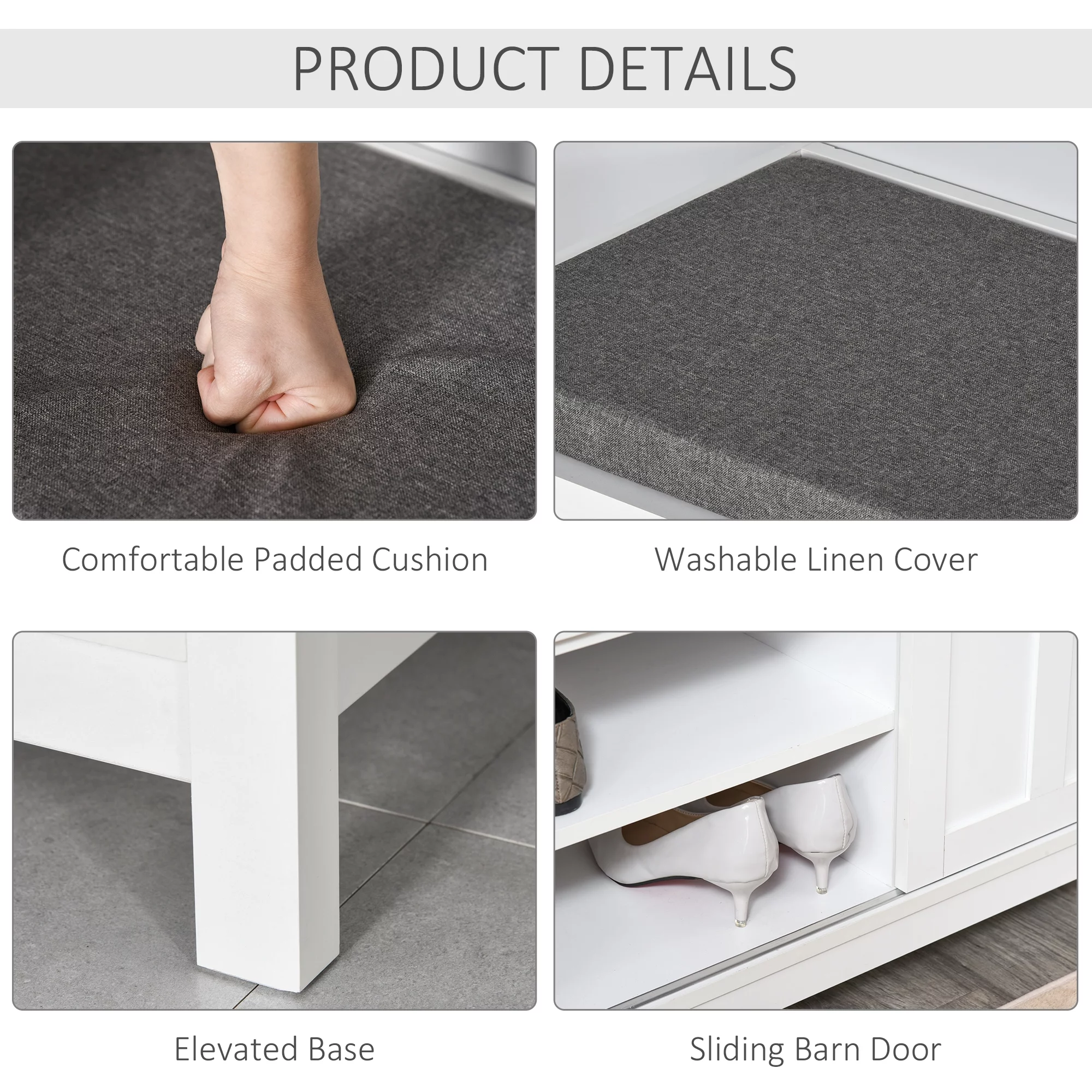 HOMCOM Entryway Shoe Bench Storage Ottoman with Sliding Doors, Adjustable Shelving, 6 Compartments, and Padded Seat, Holds 10 Pairs, White/Gray