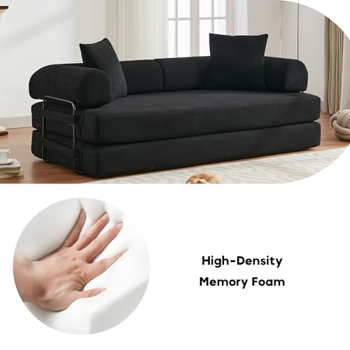Convertible Sleeper Sofa Bed with Cylindrical Pillow, Corduroy Folding Mattress Couch with Fixed-Shape Frame