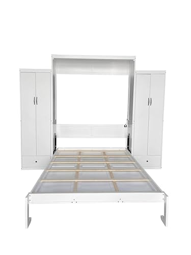 Queen Size Murphy Bed with Desk & Charging Station,Wall Bed Frame Folding into Cabinet Design w/LED & Storage Shelf for Small Space,Bedroom