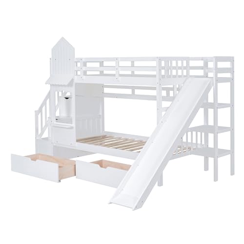 SOFTSEA Twin Over Twin Bunk Bed with Slide and Storage Solid Wood Bunk Bed Frame with Staircase and Drawers, Pink