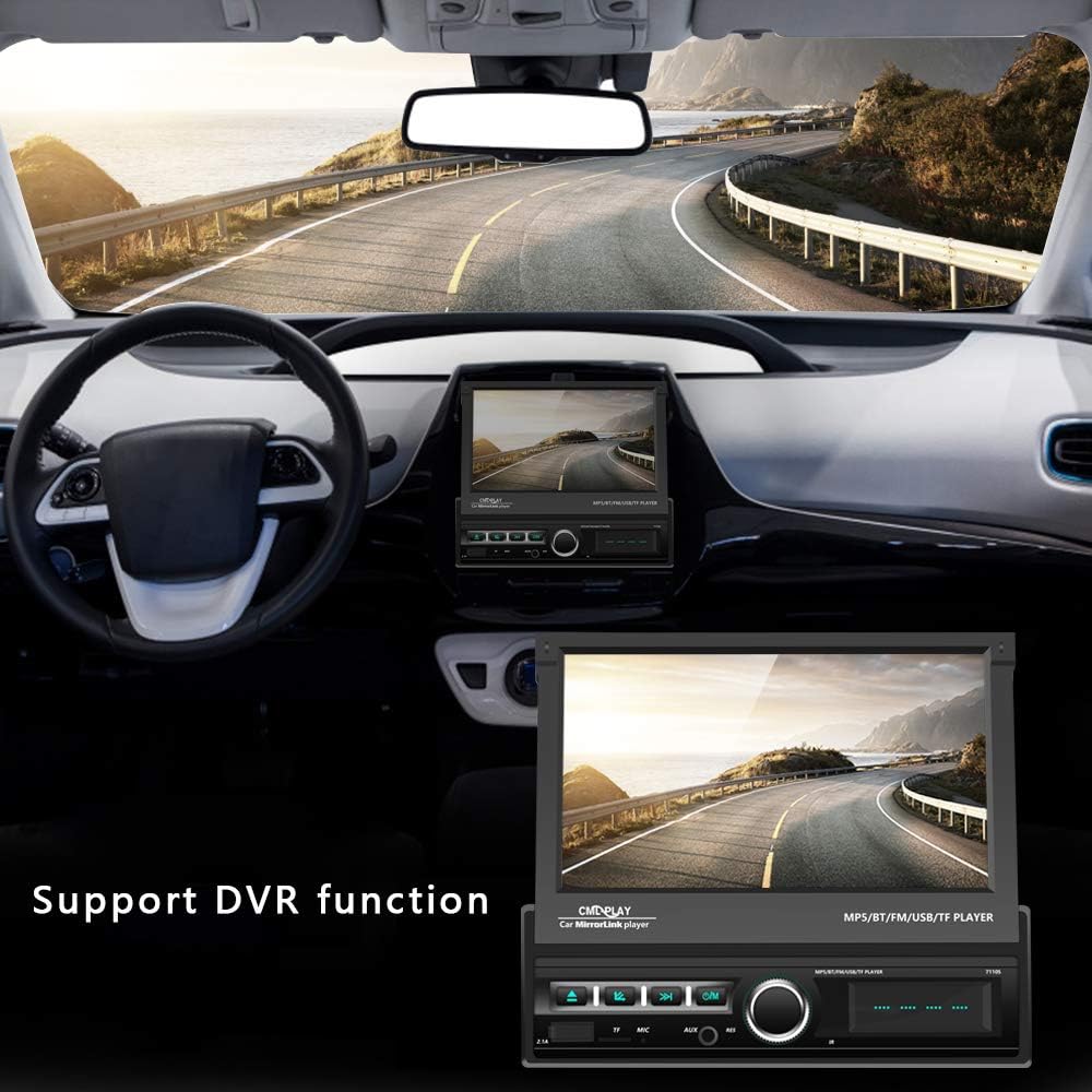 Podofo Single Din Car Stereo Bluetooth 7 Inch Motorized Flip Out Touchscreen Car Radio in Dash Head Unit Support FM AUX USB SD Mirror Link with
