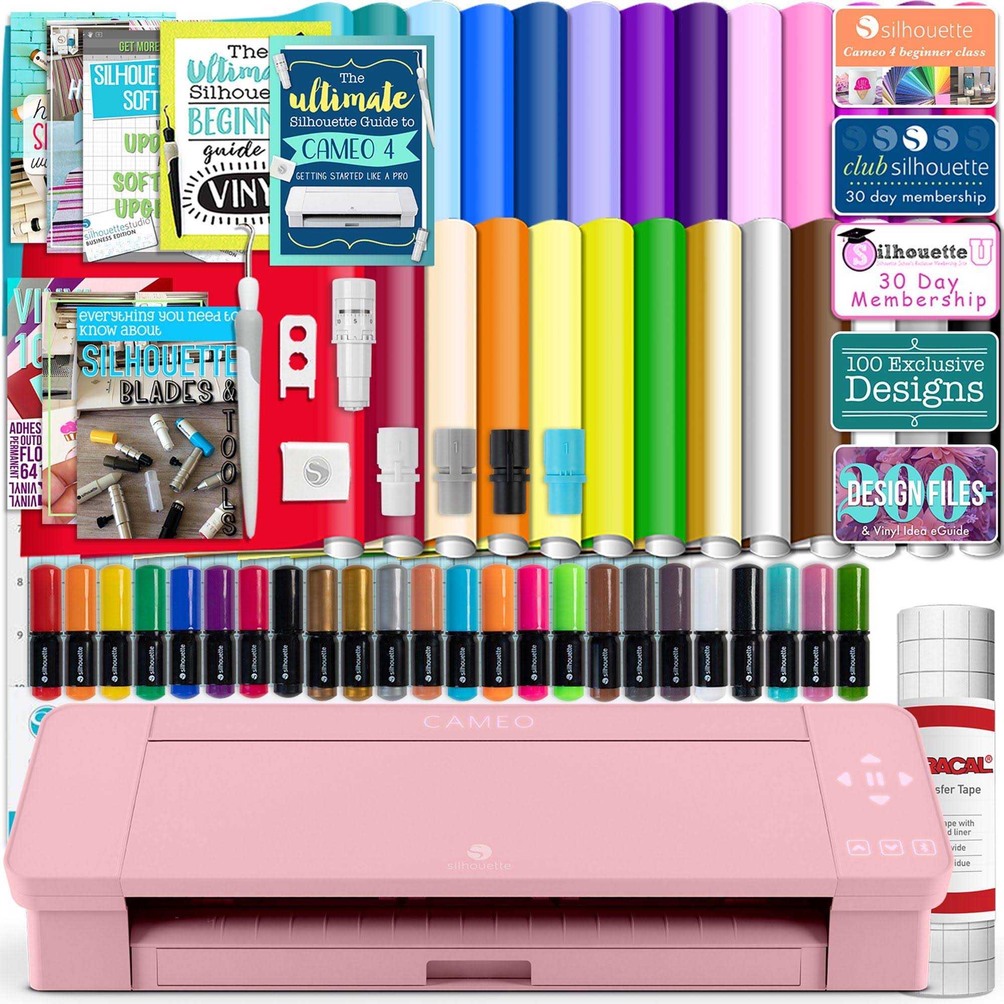 Silhouette Blush Pink Cameo 4 w/ 26 Oracal Glossy Sheets, Guides, 24 Sketch Pens, and More