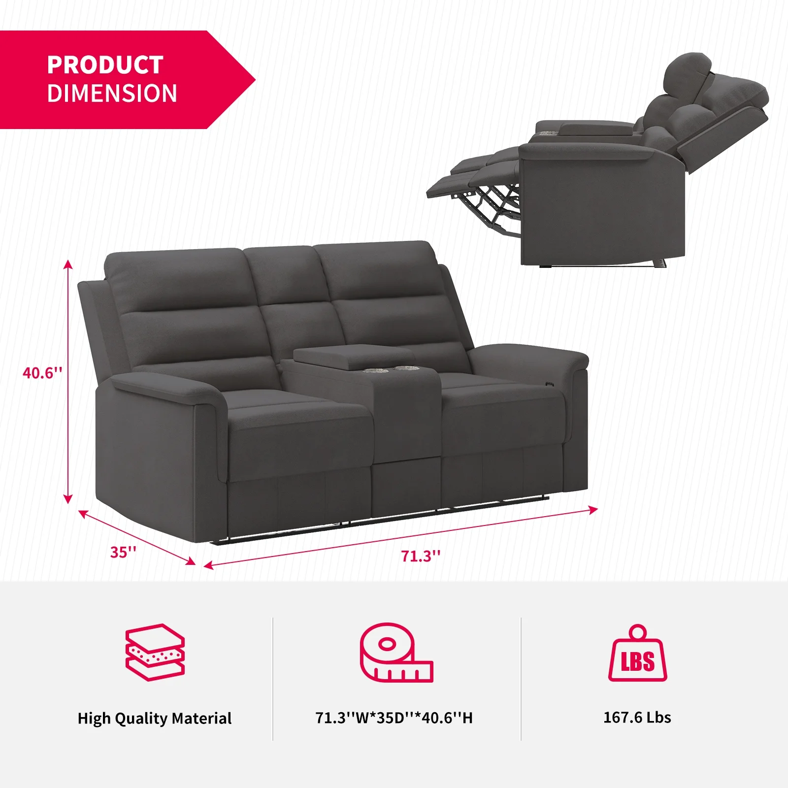 MUZZ Loveseat Recliner, Reclining Loveseat Sofa with Cup Holders&Storage, Theater Seating Furniture(Dark Grey)