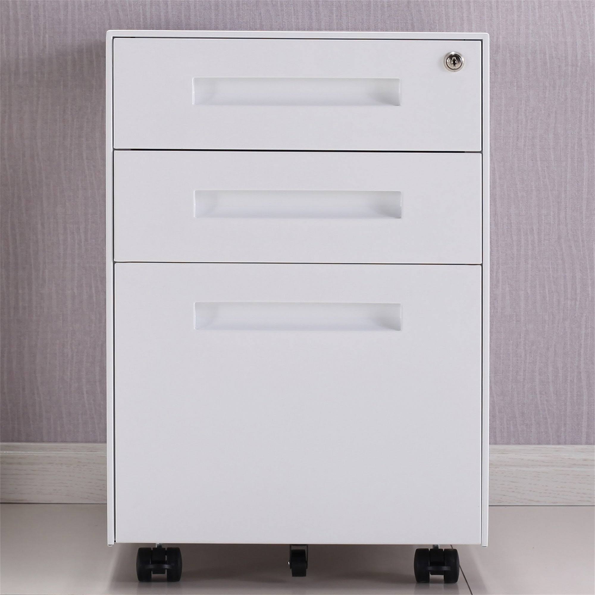 3-Drawer Mobile Metal File Cabinet with Lock and Keys White - Letter